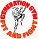 Logo van Generation Gym met vechtende figuur, tekst: "FIT AND FIGHT".