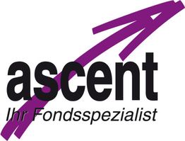 Logo mit lila Pfeil und Text: "ascent Ihr Fondsspezialist".