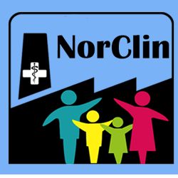 Logotipo da NorClin com figuras de família colorida e ícone médico em fundo azul.