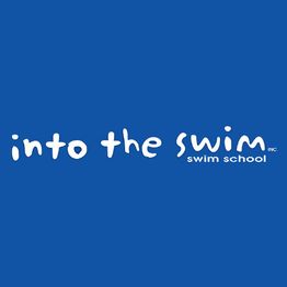 Logo of "Into the Swim" swim school on a blue background with white playful text.