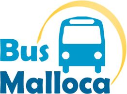 Logotipo azul de "Bus Malloca" con un icono de autobús y un semicírculo amarillo detrás.