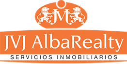 Logotipo de JVJ AlbaRealty en fondo naranja con dos leones y una "M" en la parte superior.