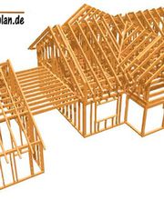 Holzrahmen eines Hauses mit mehreren Dächern, angezeigt von Holz-bauplan.de.