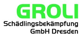 Logo mit grünem "GROLI" und schwarzem Text "Schädlingsbekämpfung GmbH Dresden".