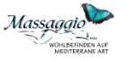 Logo von Massaggio mit einem blauen Schmetterling darüber, Text: "Wohlbefinden auf mediterrane Art".