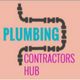 "Plumbing Contractors Hub logo with pipe design on a peach background."
