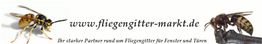 Zwei Wespen neben der Website-URL "www.fliegengitter-markt.de" und einem Text über Fliegengitter.