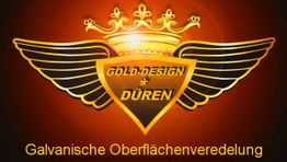 Schwarzes Schild mit goldenem Flügelmotiv, Text: "Gold-Design Düren", Krone oben und Text darunter.