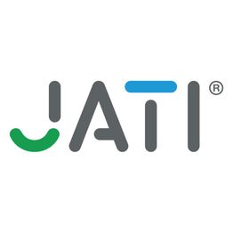 Logo mit Schriftzug "JATI" in Grau mit grünen und blauen Akzenten auf weißem Hintergrund.