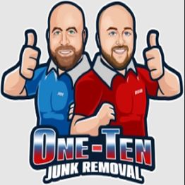 Two cartoon men in blue and red shirts giving thumbs up, text: "One-Ten Junk Removal."