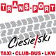 Logo von Transport Ciesielski mit Reifenspuren, Taxi, Club-Bus, LKW in roter Schrift.