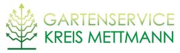 Logo mit Baum und Schriftzug "Gartenservice Kreis Mettmann" in Grün- und Gelbtönen.