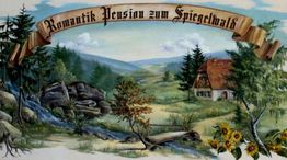 Gemälde einer ländlichen Szene mit Wald, Haus und Banner: "Romantik Pension zum Spiegelwald".