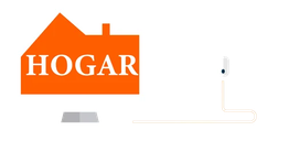 Casa naranja con la palabra "HOGAR" al lado de un dispositivo con cables.