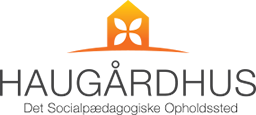 Logo med teksten "Haugårdhus" og orange hus med blomstermotiv.