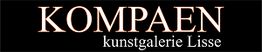 Logo van Kompaen kunstgalerie in Lisse met witte tekst op een zwarte achtergrond.