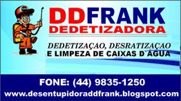 Cartão da DD Frank Dedetizadora com serviços e contato: (44) 9835-1250.