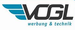 Logo von "Vogl", Schriftzug in Schwarz mit blauem Flügeldetail, Text: "werbung & technik".