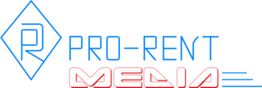 PRO-RENT MEDIA-Logo in Blau und Rot mit geometrischem Rahmen.