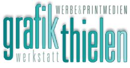 Textlogo: "Grafik Thielen" mit den Worten "Werkstatt" und "Werbe & Printmedien" in verschiedenen Größen.