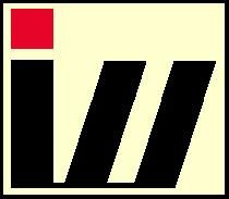 Quadratisches Logo mit drei schwarzen Balken und einem kleinen roten Quadrat auf hellem Hintergrund.