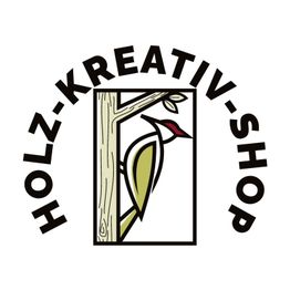 Logo mit stilisiertem Specht auf Baum, umgeben von Schriftzug "Holz-Kreativ-Shop" in schwarzer Schrift.