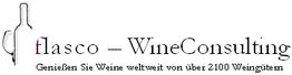 Logo von Flasco Wine Consulting mit Flasche und Text: "Genießen Sie Weine weltweit von 2100 Weingütern".