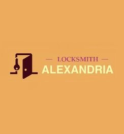 "Locksmith Alexandria logo with key and door icon on an orange background."