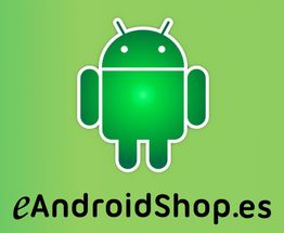 Logo de un robot Android verde sobre fondo verde con texto "eAndroidShop.es" abajo.