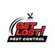 Logo with a mosquito and bold text: "Get Lost! Pest Control" in red and black.