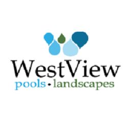 Logo with "WestView pools landscapes" and blue-green water droplet graphics above the text.