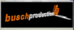 Schwarze Grafik mit weiß-oranger 3D-Schrift „buschproduction“ auf schwarzem Hintergrund.