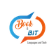 Logotipo con flechas azul y naranja, texto "Book & Bit", y subtítulo "Languages and Tech".