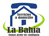 Logo de La Bahía con casa y teléfono, texto: "Servicios a domicilio. Somos gente de confianza".
