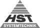 Logo mit Pyramide und Text "HST Systemtechnik" darunter in grauen und schwarzen Farben.