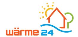 Logo von "wärme 24" mit Haus, Sonne und Rohr-Symbolen in Orange, Blau und Grün.