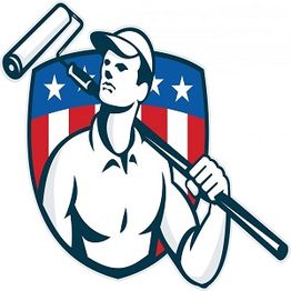 Painter with roller in front of a shield with stars and stripes.