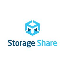 Logo van Storage Share met blauw hexagonaal symbool.