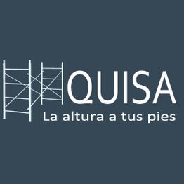 Logotipo con andamios y texto: "QUISA, La altura a tus pies" sobre fondo azul oscuro.