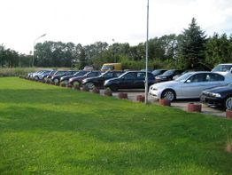 Eine Reihe geparkter Autos neben einer Wiese mit Bäumen im Hintergrund.