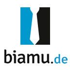 Logo von biamu.de, mit einer stilisierten Krawatte in Blau und Schwarz.