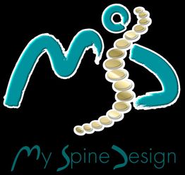 Logo "My Spine Design" con colonna vertebrale stilizzata su sfondo nero.