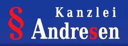 Blaues Logo mit weißem Text "Kanzlei Andresen" und rotem Paragraphensymbol.