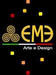 Logo EME Arte e Design su sfondo nero con motivi geometrici colorati e bandiera italiana.