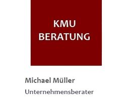 Roter Kasten mit „KMU Beratung“, darunter Name Michael Müller, Unternehmensberater.