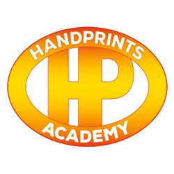 Logo of Handprints Academy with HP in an orange oval.