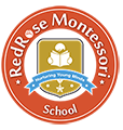 RedRose Montessori School logo with a book and globe, text on red background.