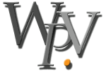 Künstlerisches Logo mit den Buchstaben W, A, und V, begleitet von einem kleinen orangefarbenen Punkt.