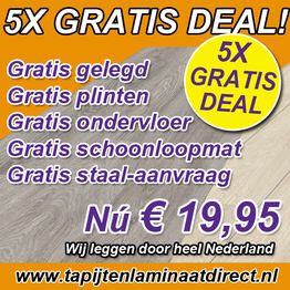 5x gratis deal: Gratis gelegd, plinten, ondervloer, schoonloopmat, staal. Nu €19,95.