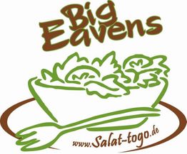 Eine Skizze einer Salatschüssel mit Logo "Big Eavens" und Website "salat-togo.de".
